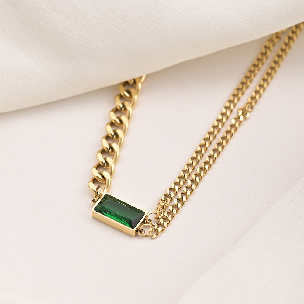 Green Stone Dual Chain Necklace