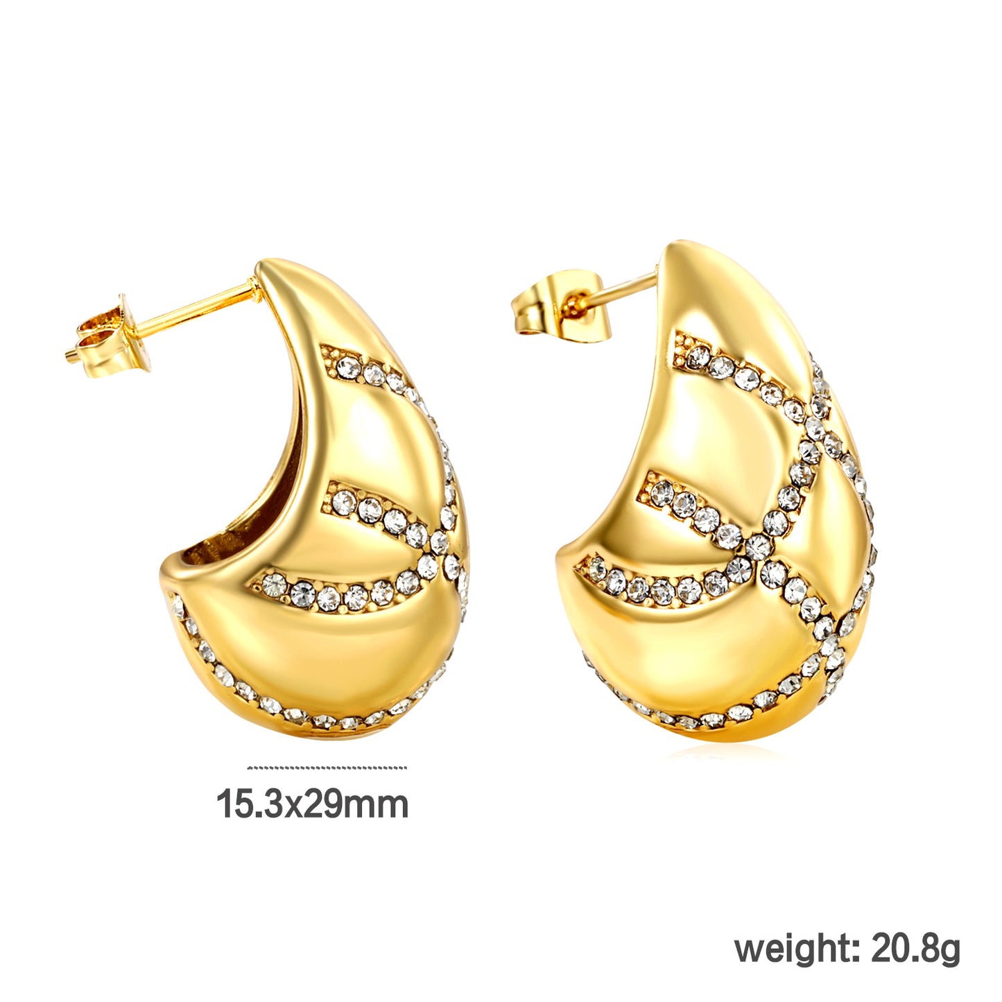 Chunky Pave Crystal Gold Hoops with measurements
