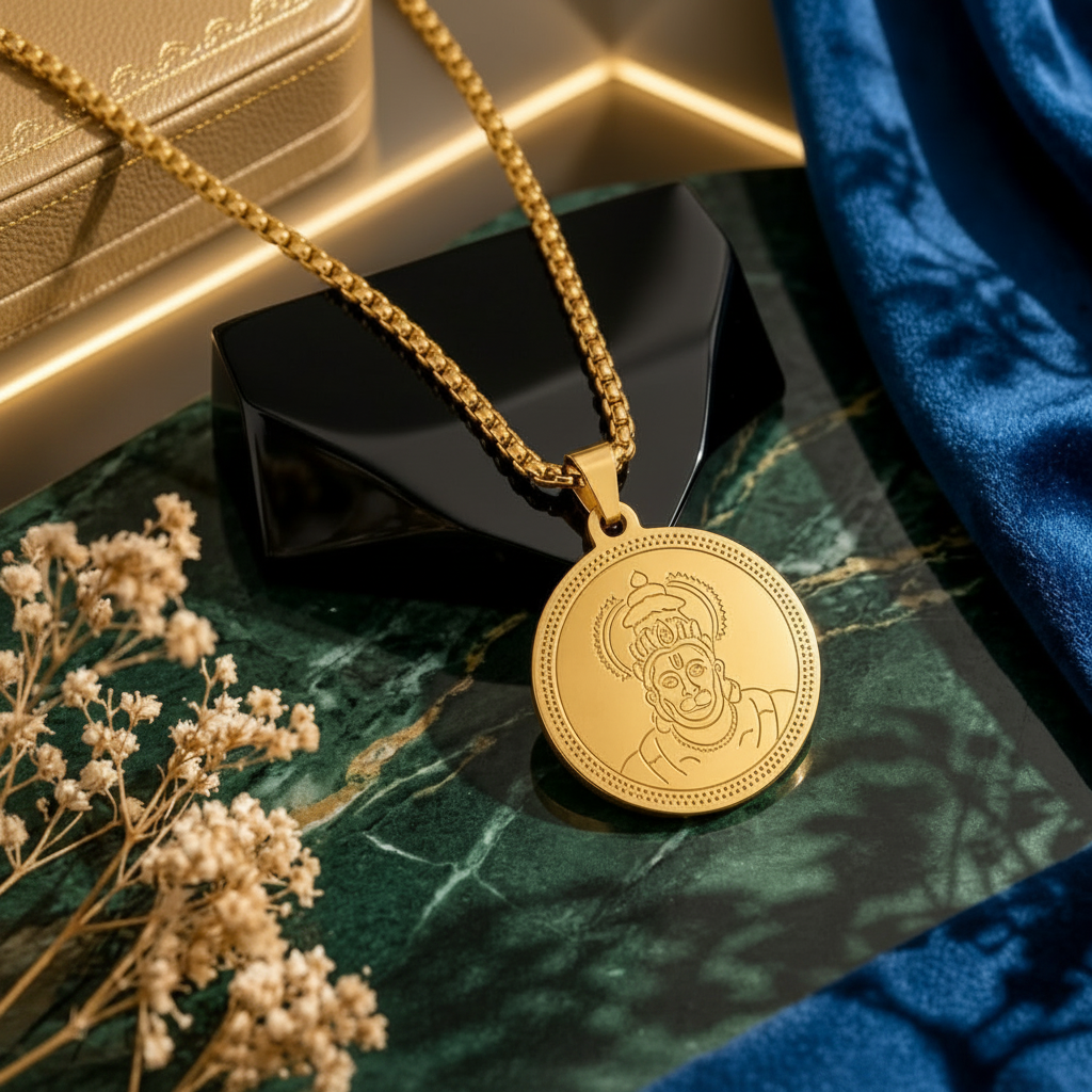 Close up of Mens Hanuman Pendant Gold Chain