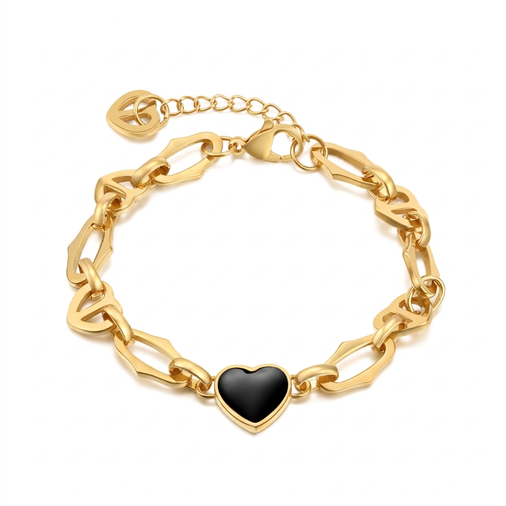 Close up of Black Heart Charm Figaro Bracelet