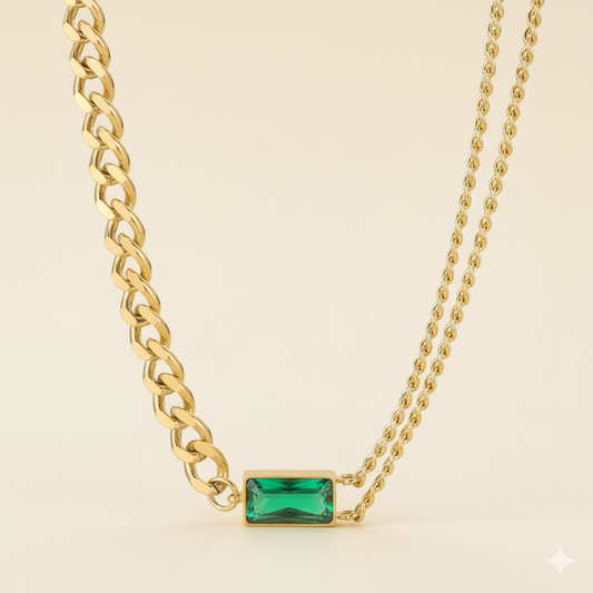 Green Stone Dual Chain Necklace