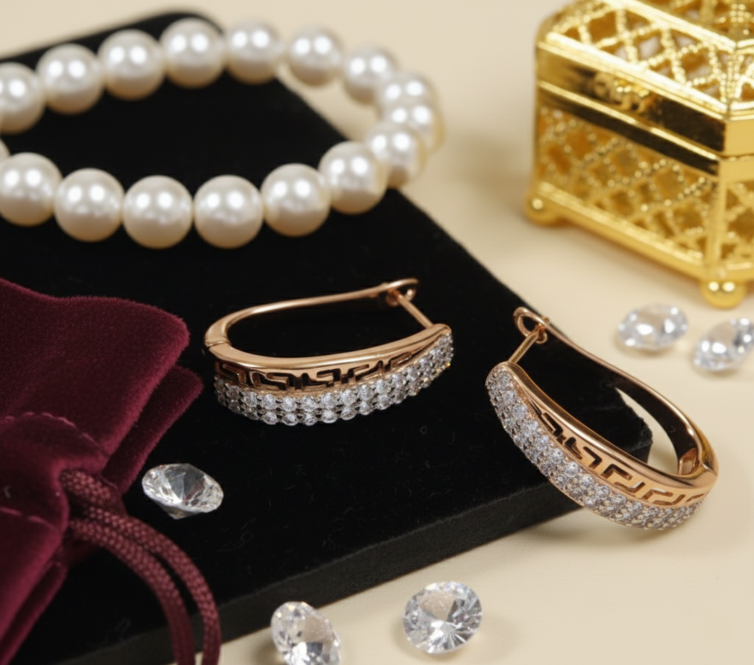 Rose Gold Plated Curve Shaped Cubic Zirconia Earring