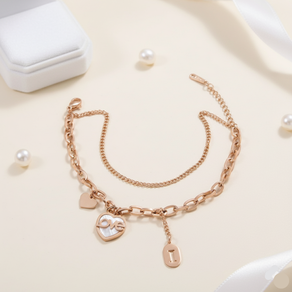 LOVE Heart Charm Bracelet – Rose Gold Plated