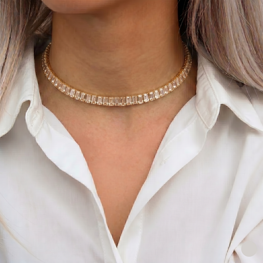 Woman wearing Champagne Zircon Tennis Choker Necklace