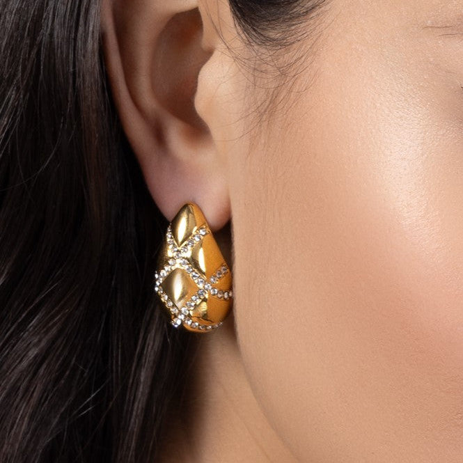 Women Wearing Chunky Pave Crystal Gold Hoops right