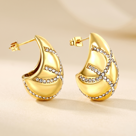 Front View of Chunky Pave Crystal Gold Hoops by Evoke Jewellery