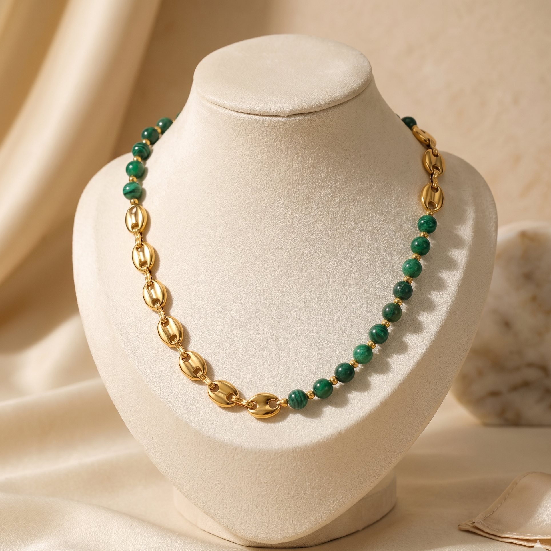 Front View of Emerald Bead Gold Necklace