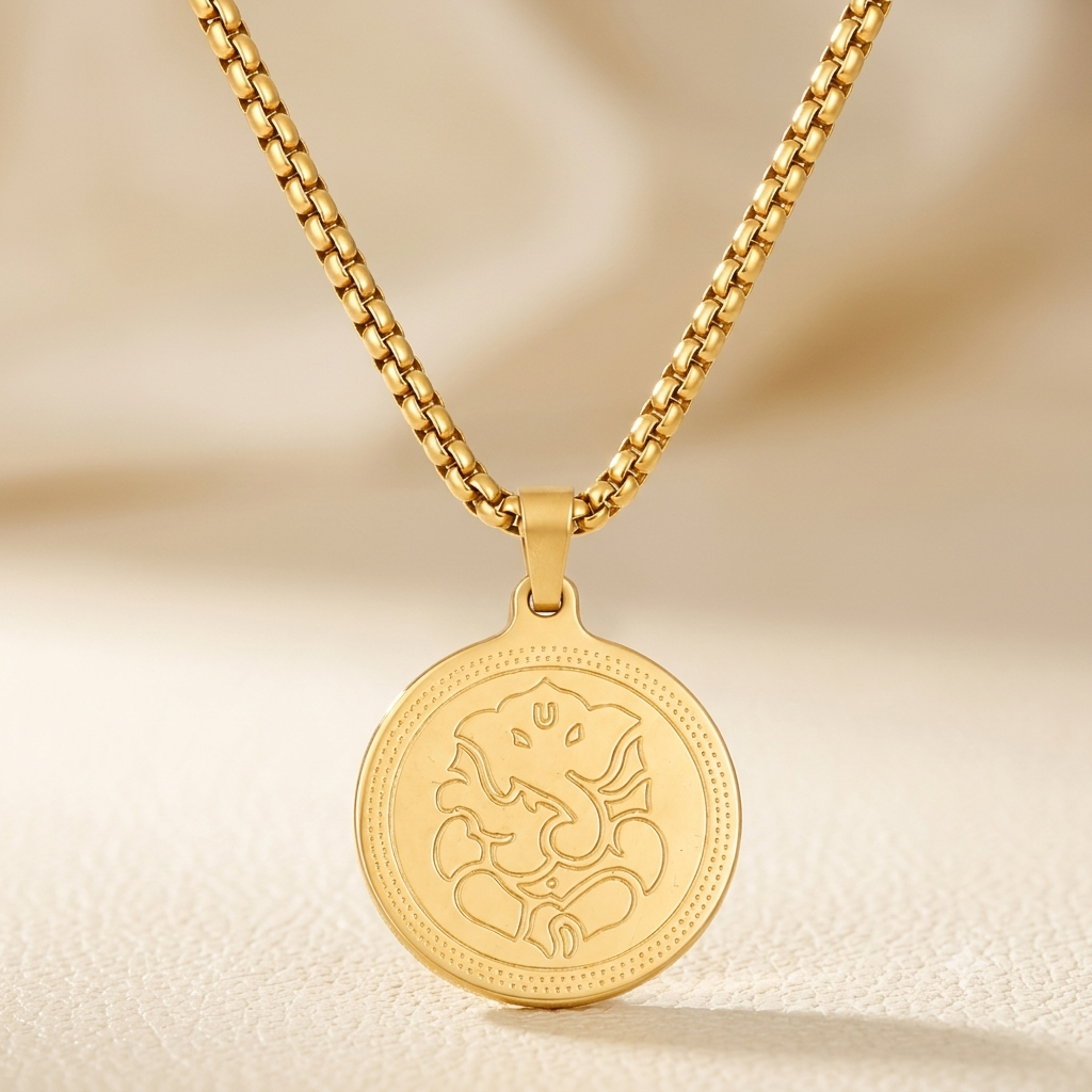 Front View of Mens Ganesha Pendant Gold Chain