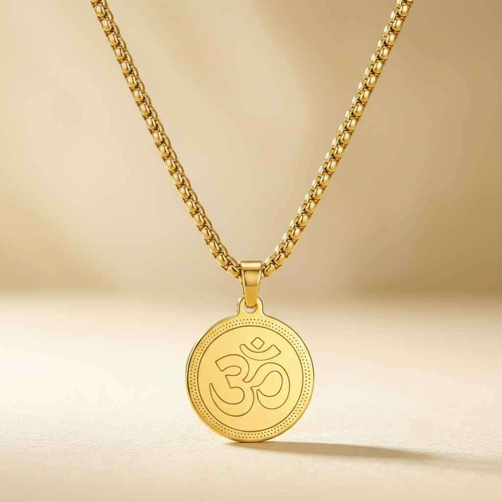 Front View of Mens Om Pendant Gold Chain