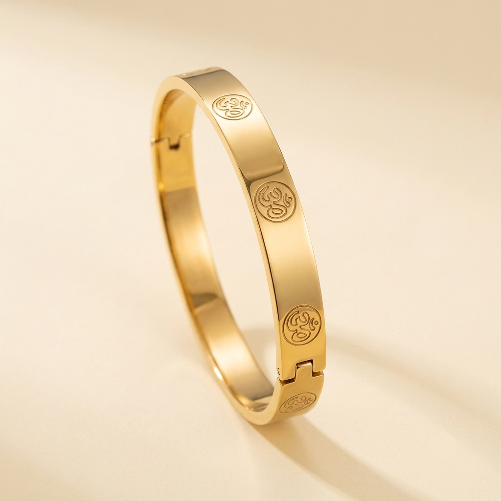 Front View of Mens Om Statement Gold Bracelet
