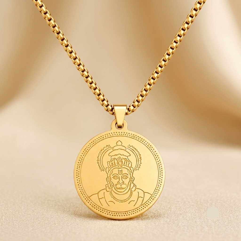 Front view of Mens Hanuman Pendant Gold Chain