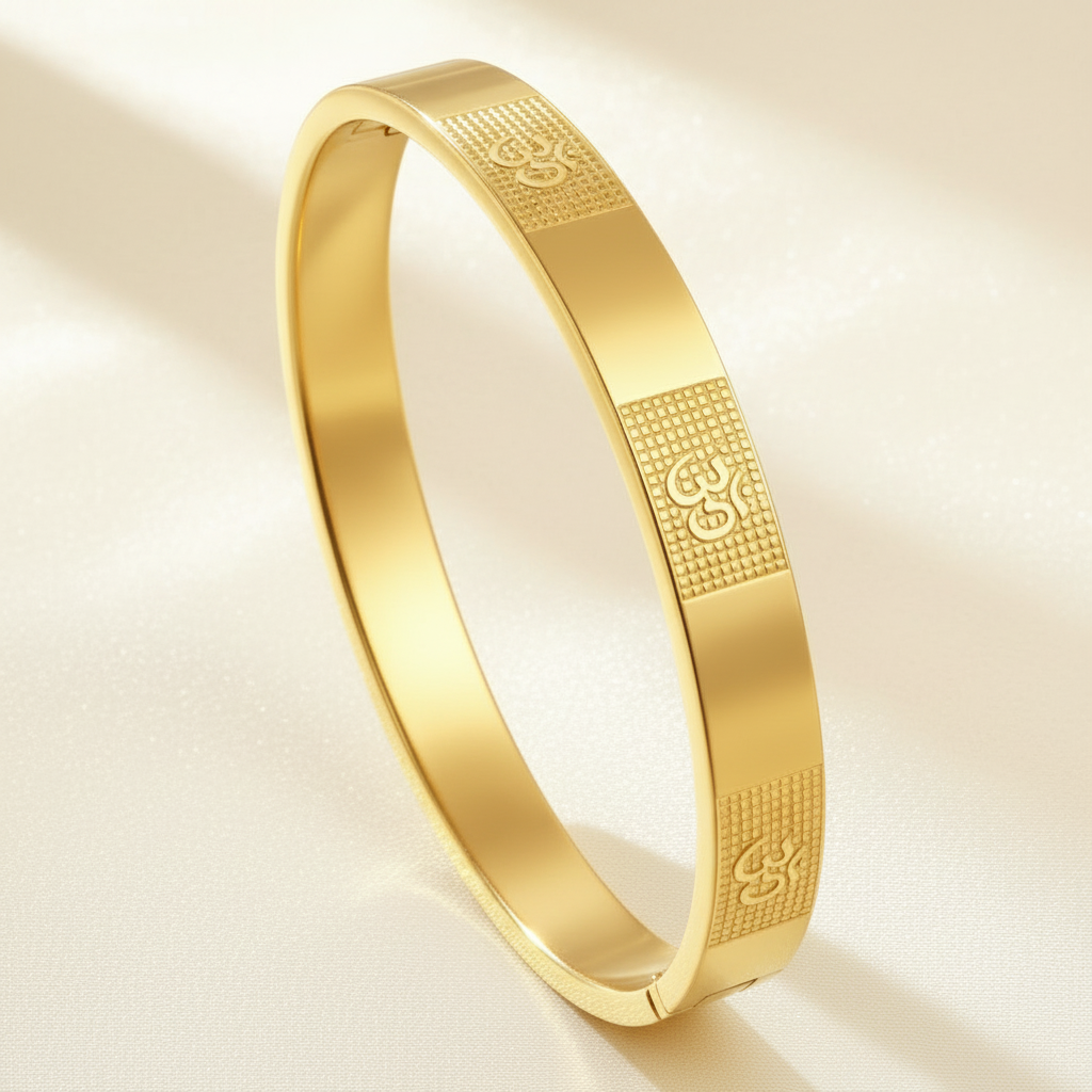 Front view of Mens Om Carved Gold Bracelet