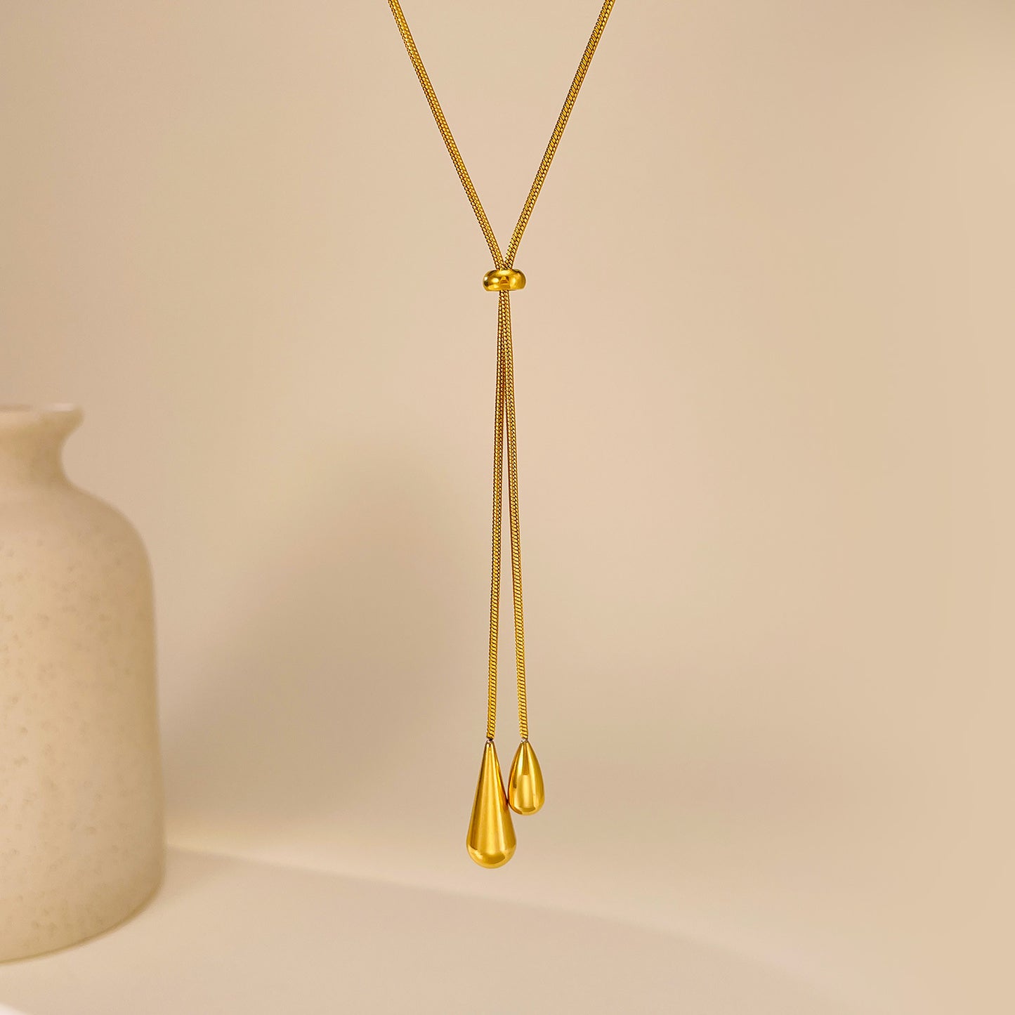 Front View of Gold Lariat Drop Necklace Evoke Jewellery