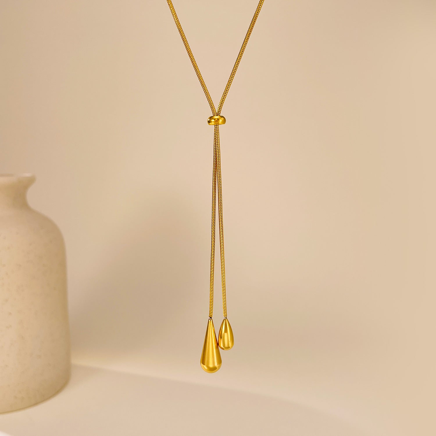 Front View of Gold Lariat Drop Necklace Evoke Jewellery