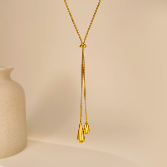 Front View of Gold Lariat Drop Necklace Evoke Jewellery