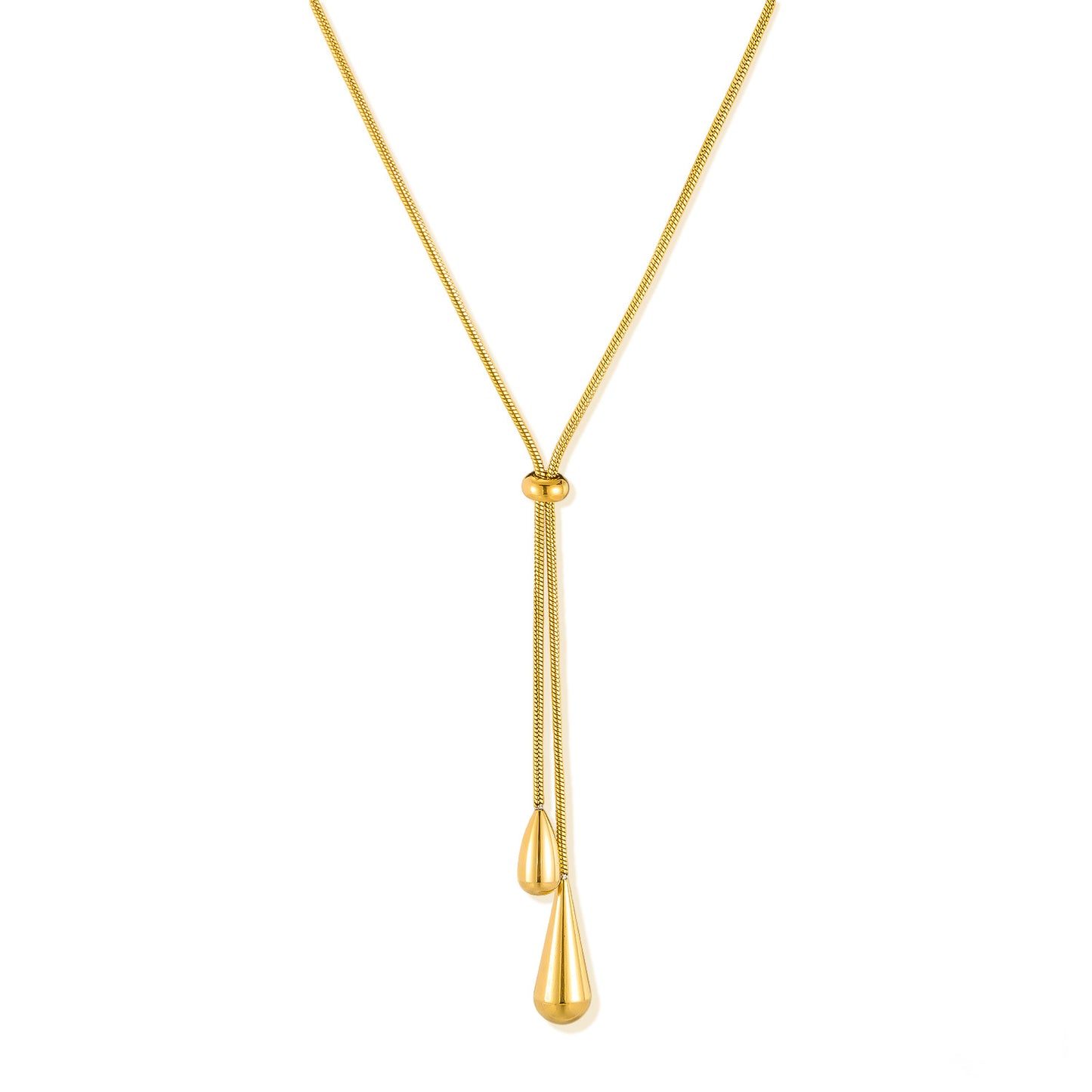 Close up of Gold Lariat Drop Necklace