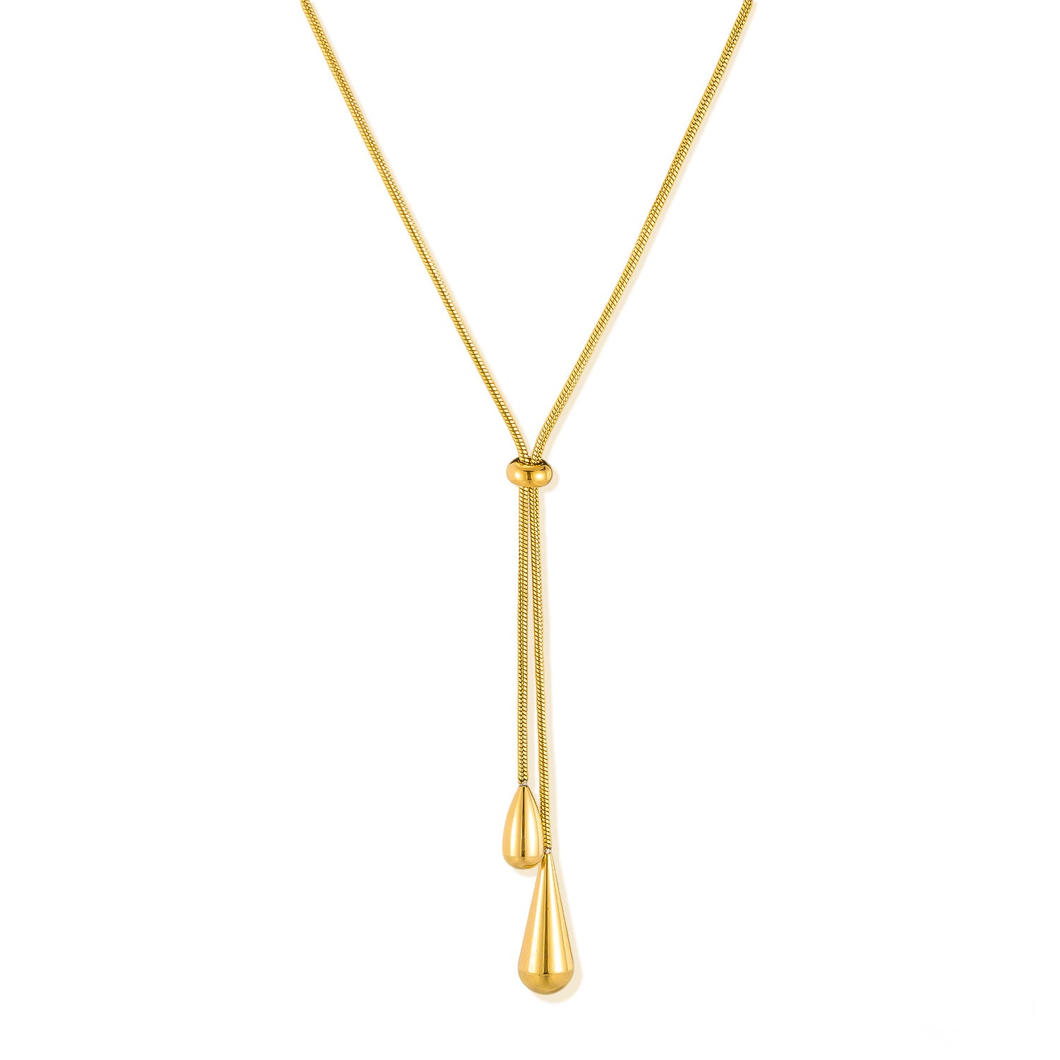 Close up of Gold Lariat Drop Necklace