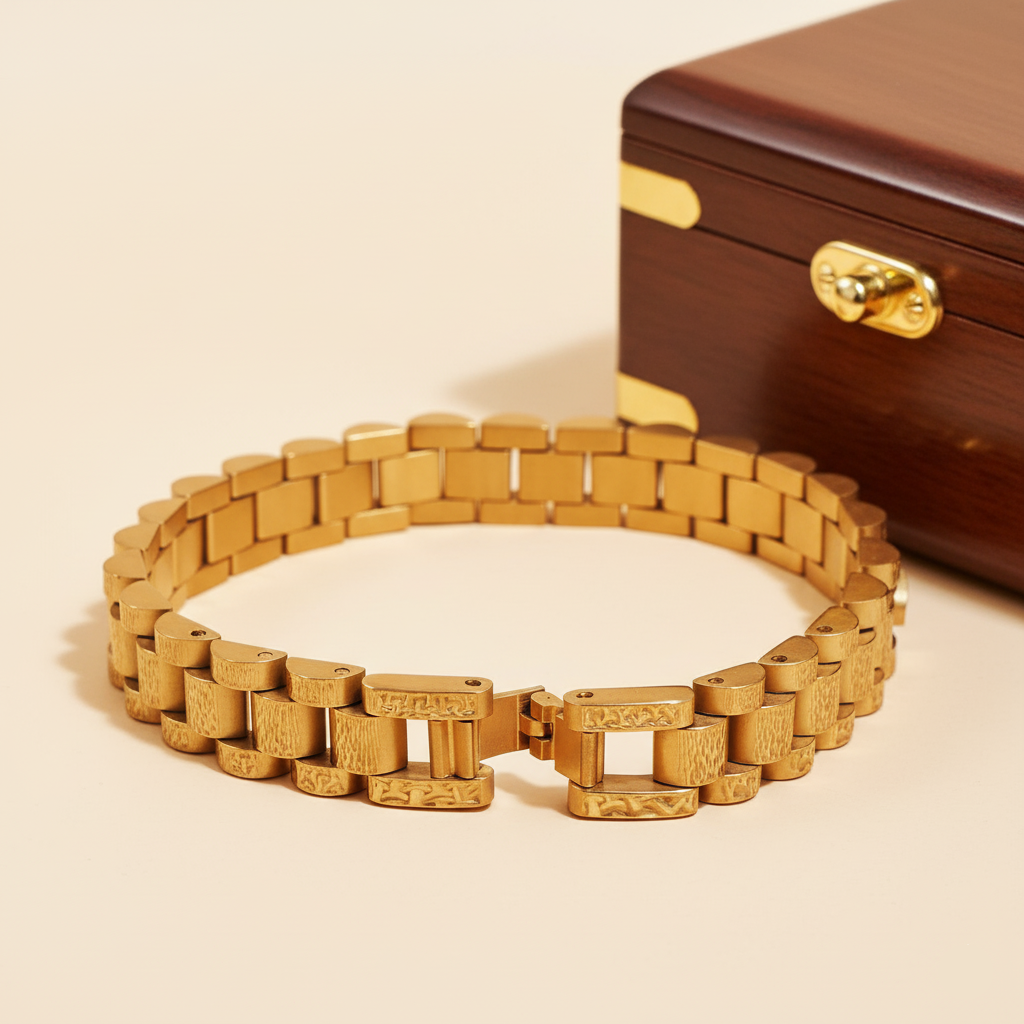 Front View of Gold Watch-Band Style Bracelet