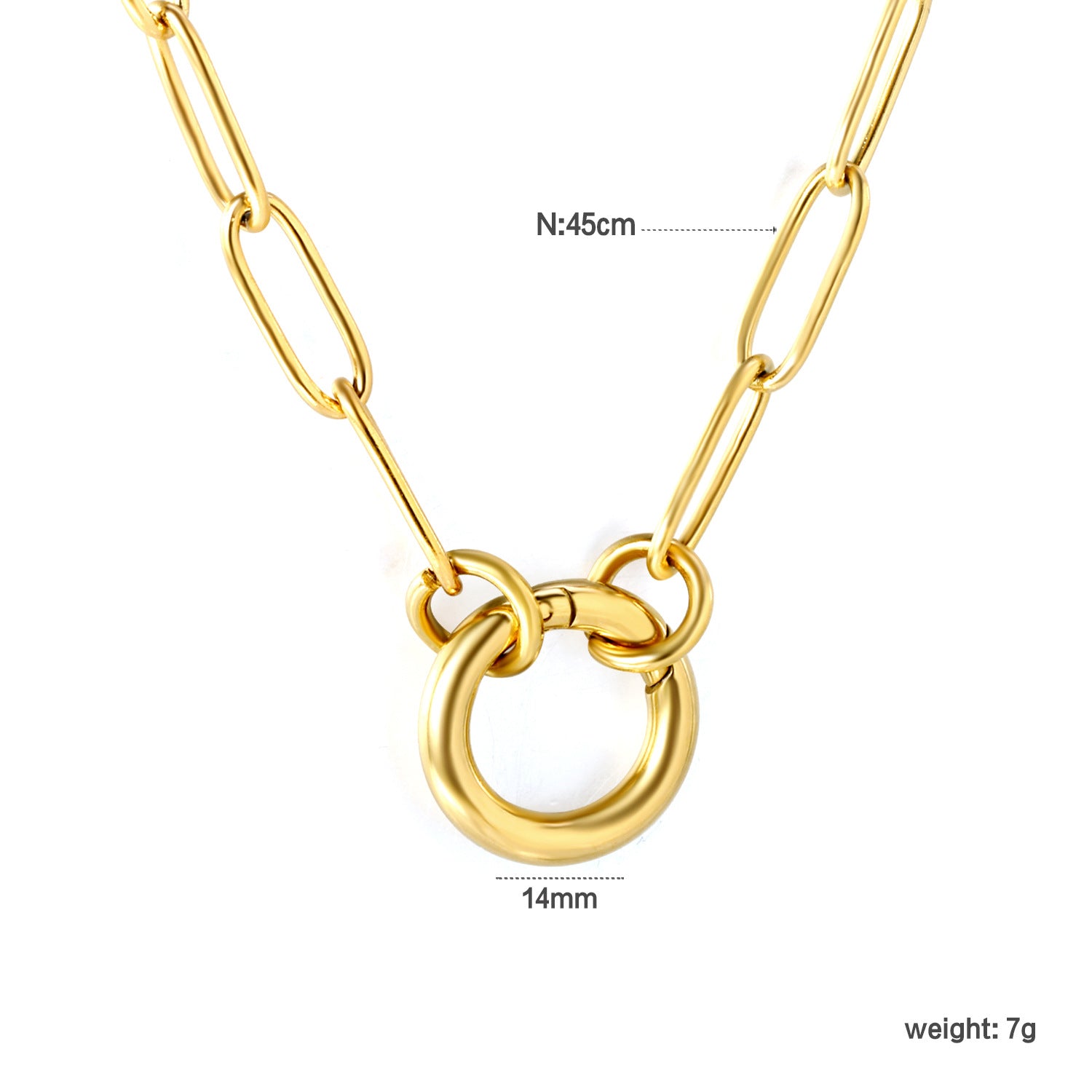 Close-up of toggle clasp on gold paperclip chain necklace with measurements