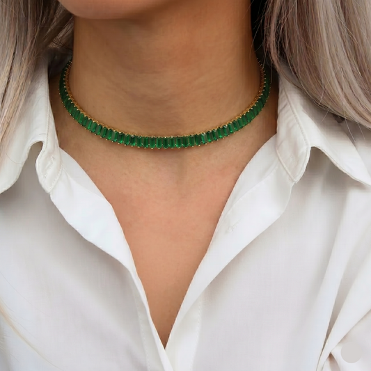 Woman wearing the Green Zircon Tennis Choker Necklace