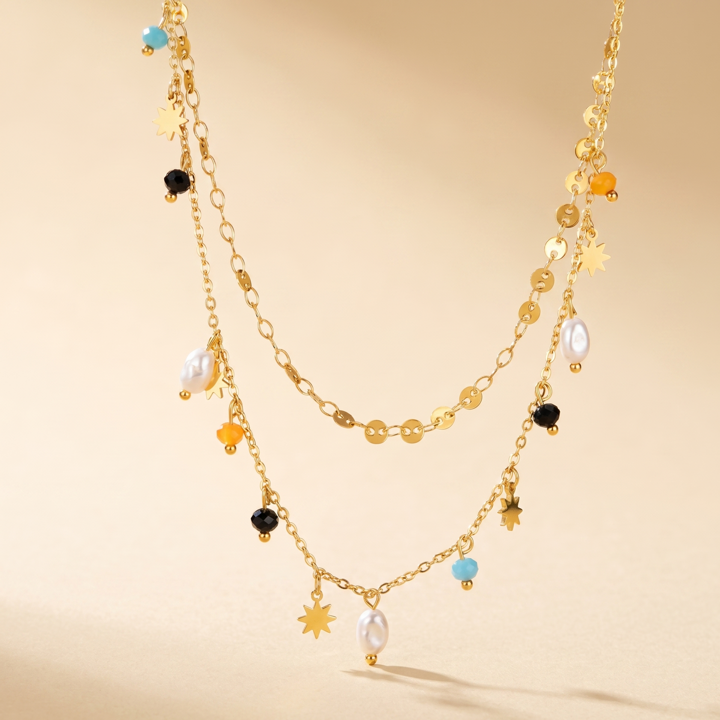 Front view of Layered Boho Charm Necklace by Evoke Jewellery