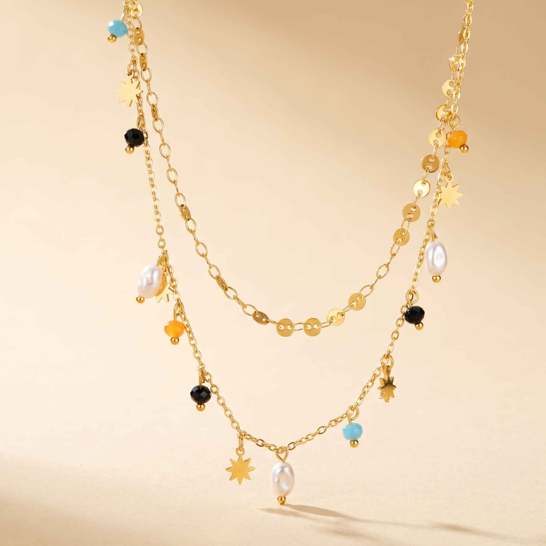 Front view of Layered Boho Charm Necklace by Evoke Jewellery
