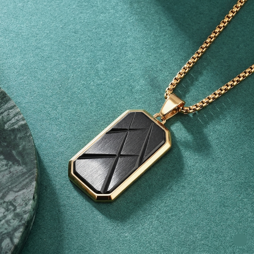 Close up of Mens Black Onyx Dog Tag Necklace