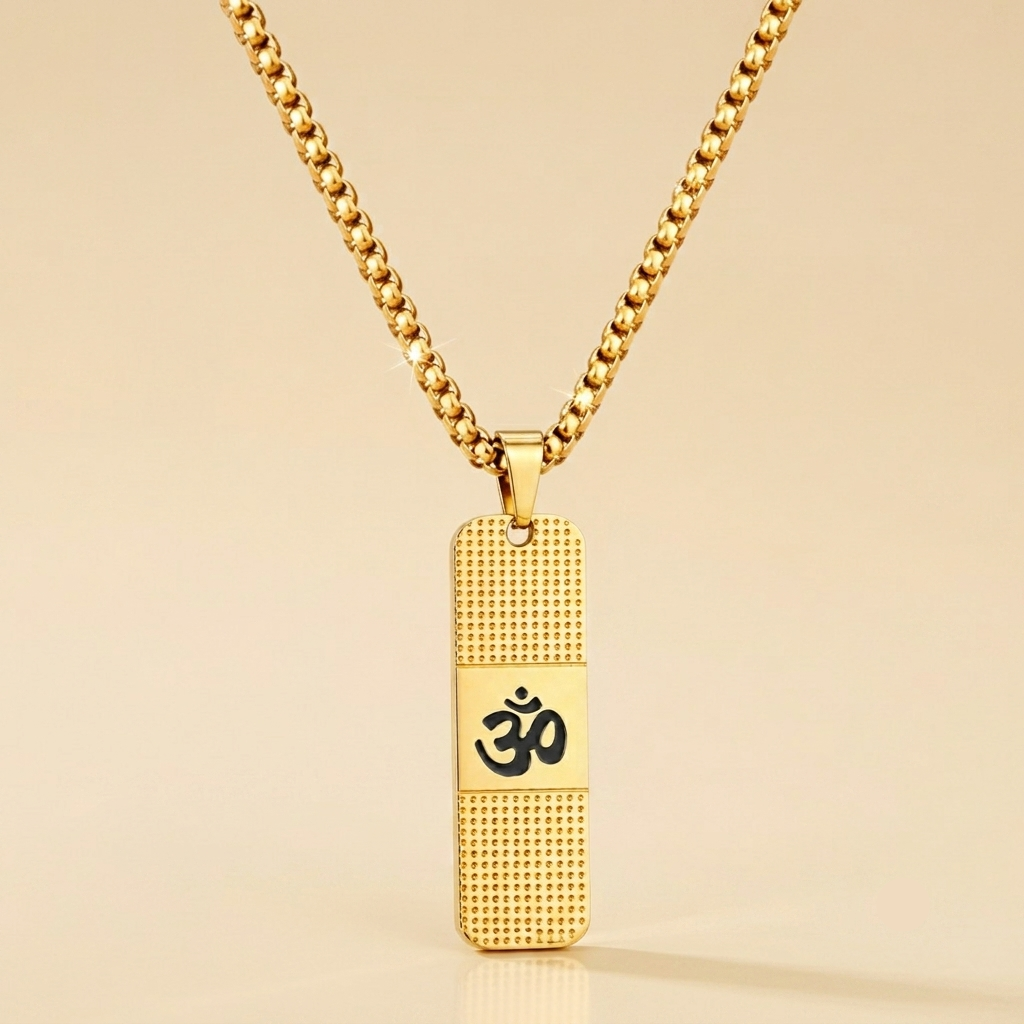Front view of Mens Om Pendant Dotted Gold Chain