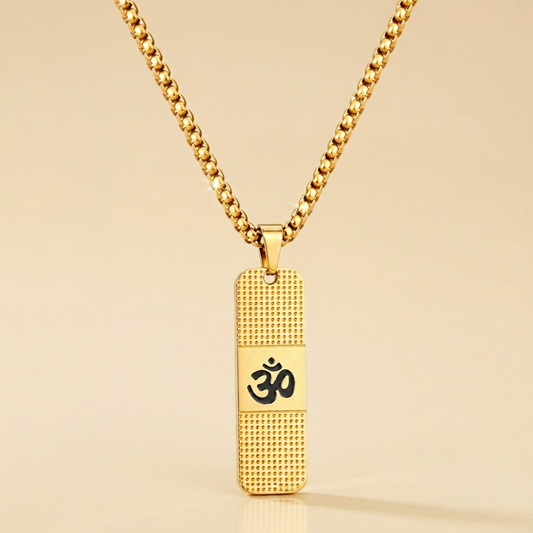 Front view of Mens Om Pendant Dotted Gold Chain