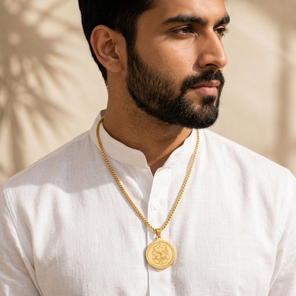 Model wearing Mens Ganesha Pendant Gold Chain