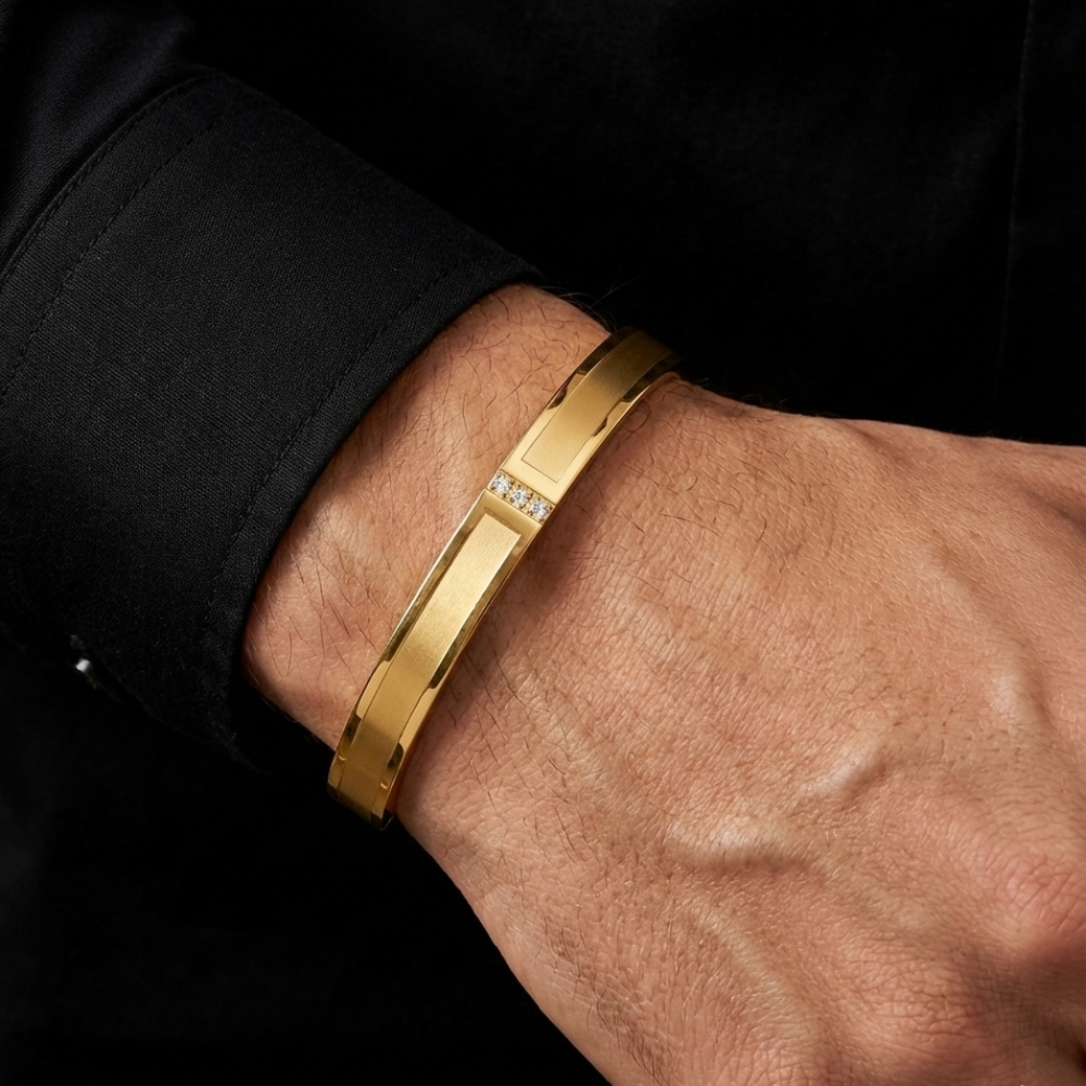 Model wearing Mens Matte and Shiny Gold Bracelet