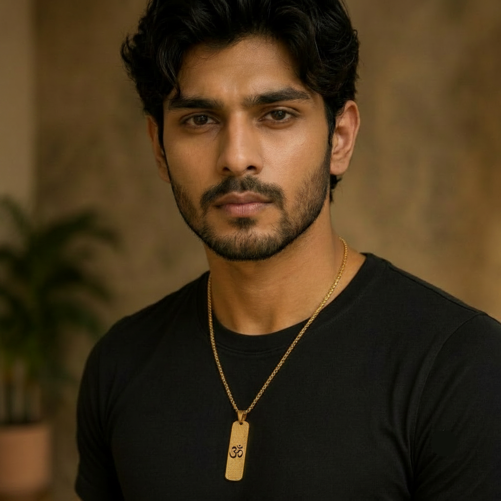 Model wearing Mens Om Pendant Dotted Gold Chain