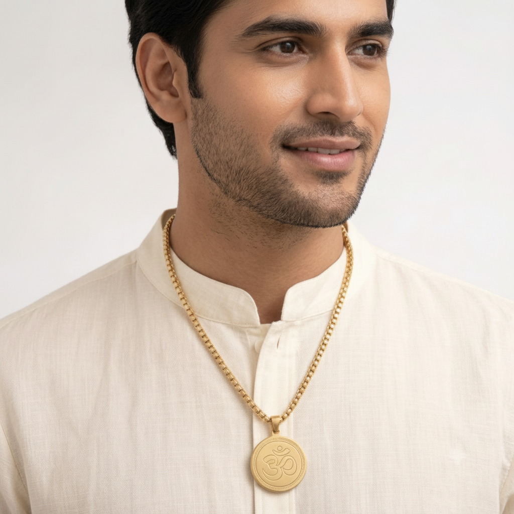 Model wearing Mens Om Pendant Gold Chain