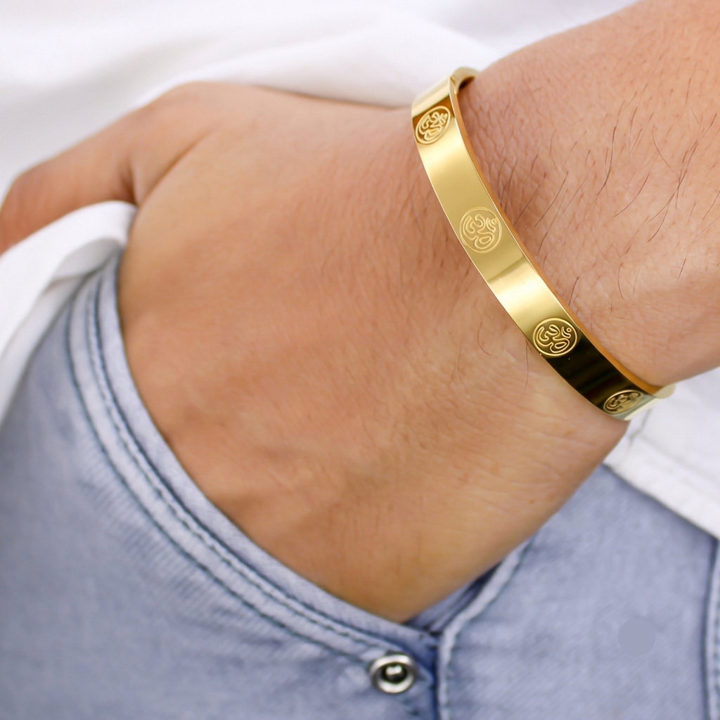 Model wearing Mens Om Statement Gold Bracelet