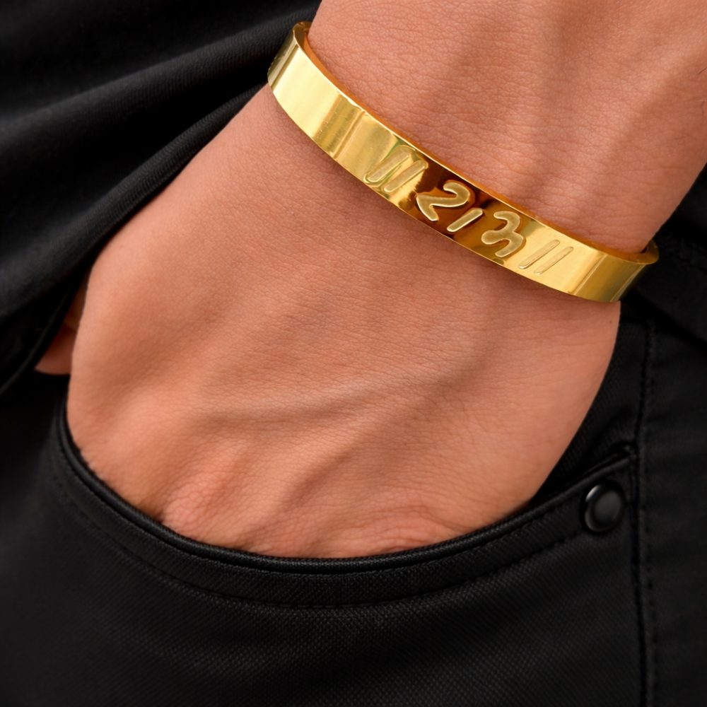 Model wearing Mens Shri Ram Gold Bracelet