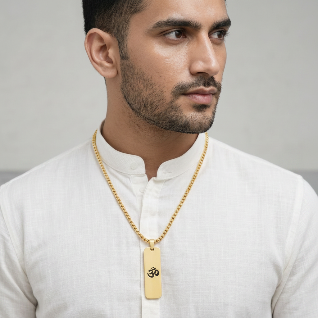 Model wearing a Mens Om Pendant Chain - Matte Finish