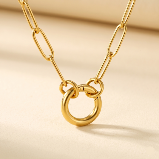 Front view of Gold paperclip toggle chain necklace by Evoke Jewellery