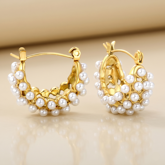 Front view of Pearl Cluster Mini Hoop Earrings by Evoke Jewellery