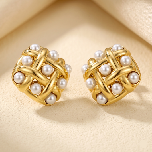 Front View of Pearl Lattice Statement Studs by Evoke Jewellery