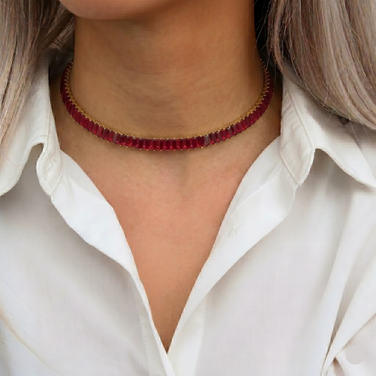 Woman wearing Red Zircon Tennis Choker Necklace