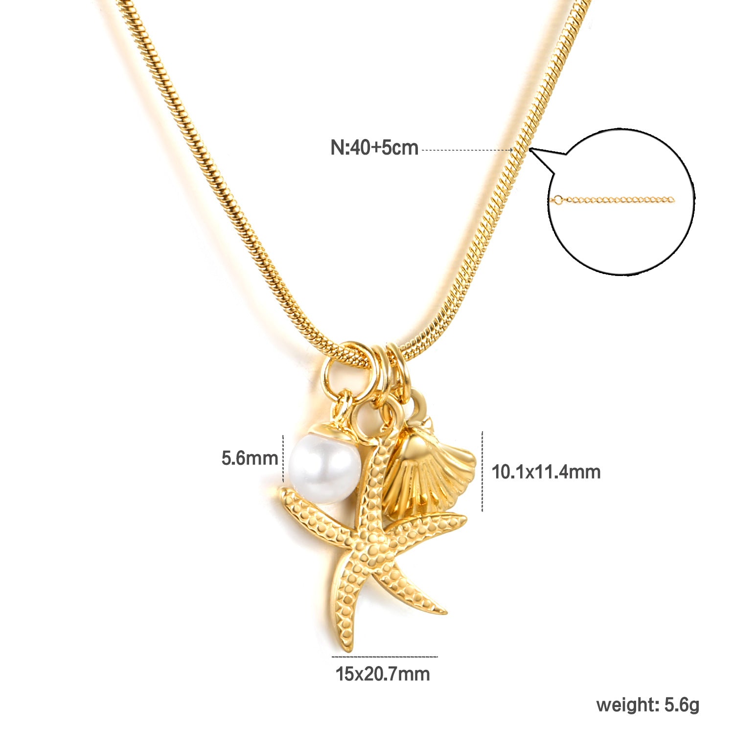 Starfish Seashell Pendant Necklace with measurement