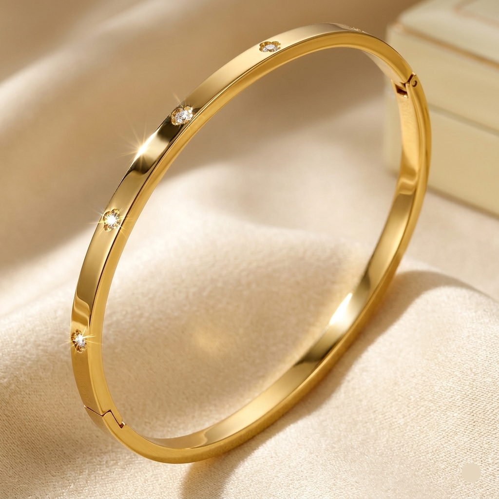 Front View of Thin Studded Gold Bangle Bracelet by Evoke Jewellery
