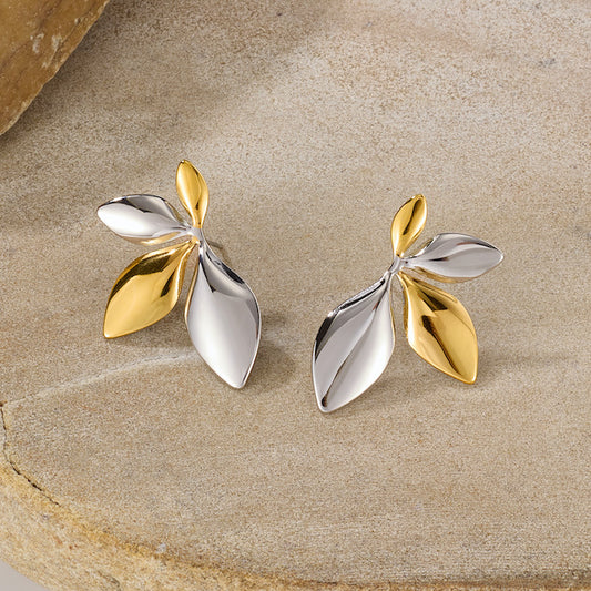 Front view of Two-Tone Leaf Stud Earrings