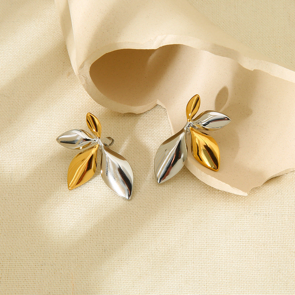 Close up of Two-Tone Leaf Stud Earrings