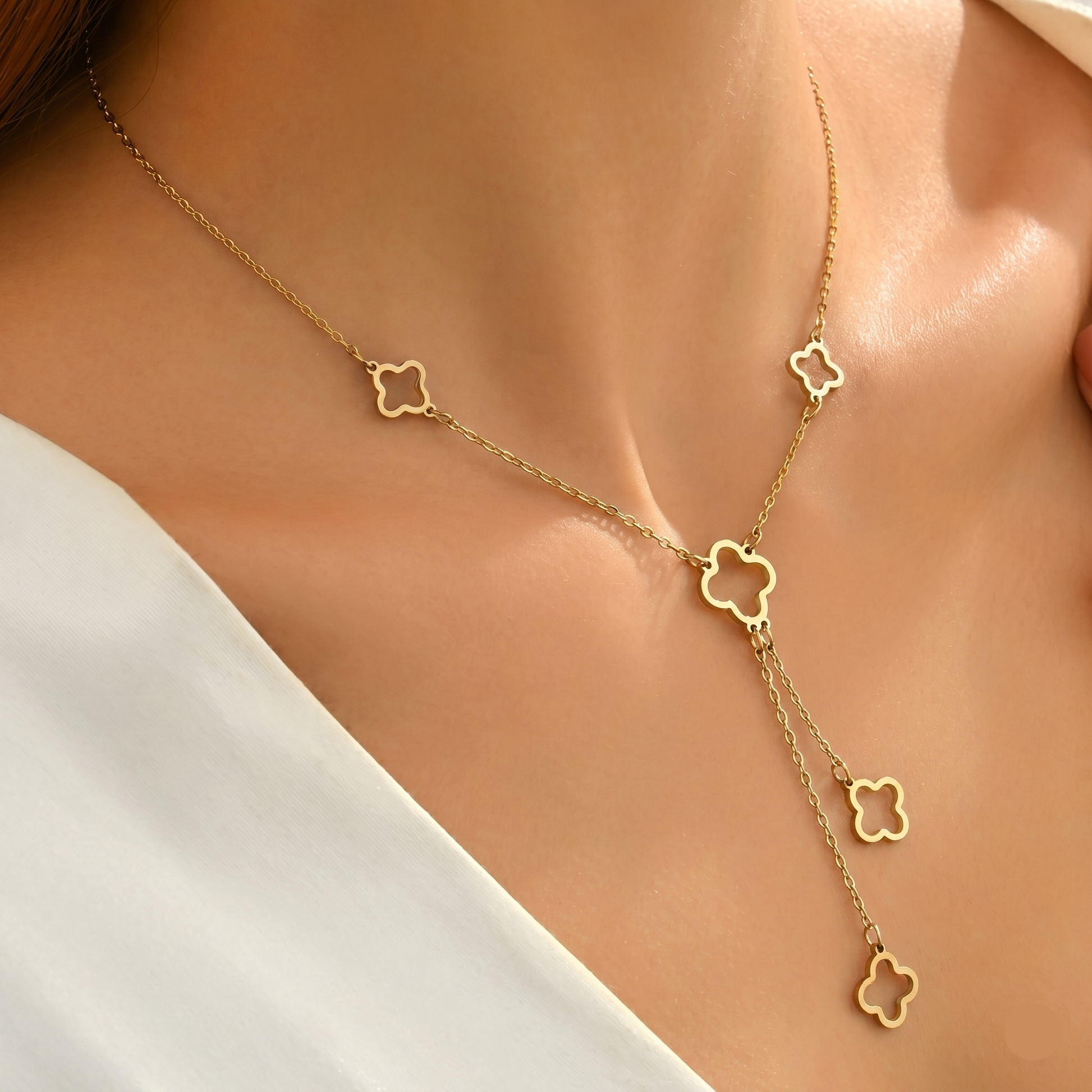 Woman Wearing Y Shaped Clover Lariat Necklace