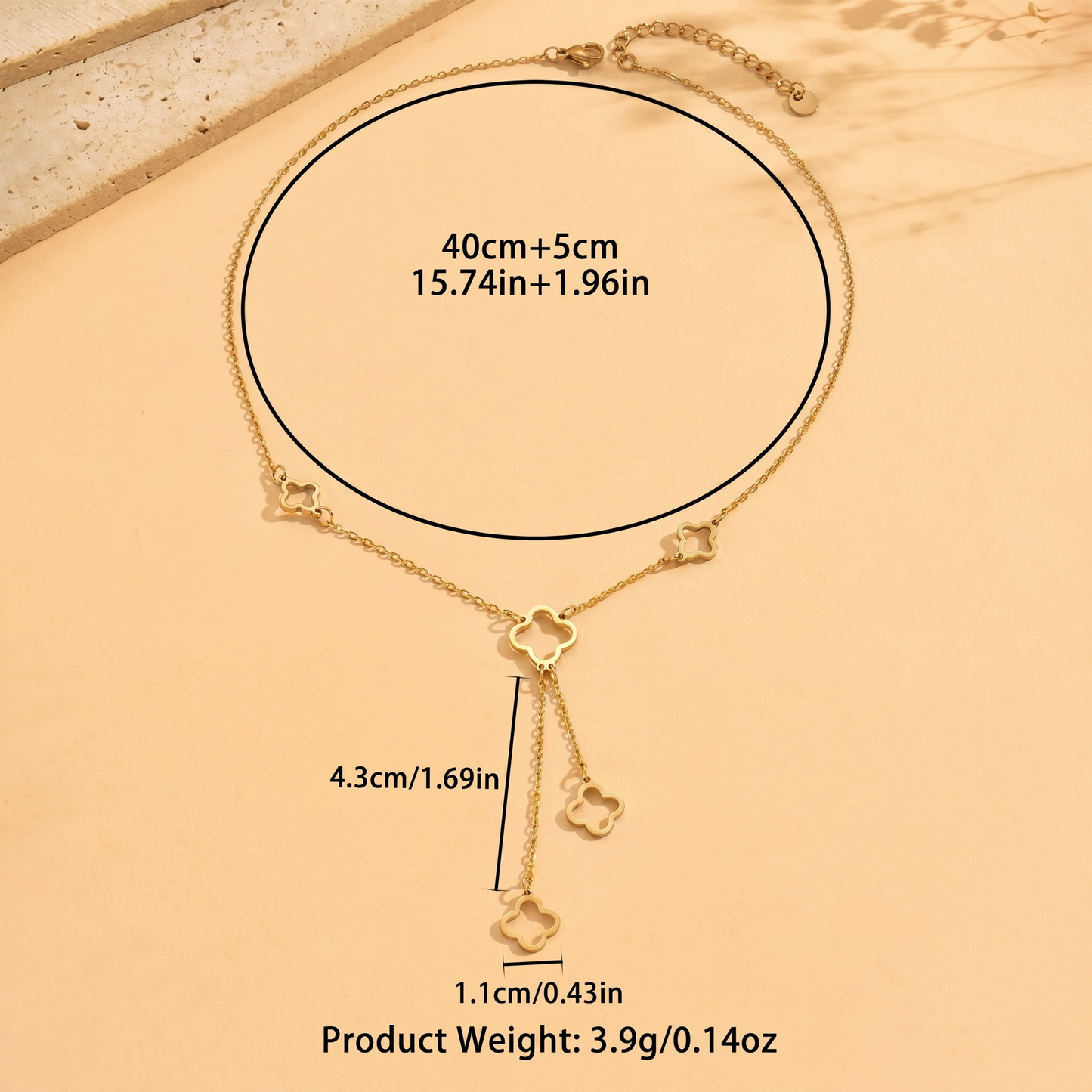 Y Shaped Clover Lariat Necklace With Measurements